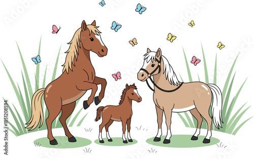 Flat vector illustration of a horse family including stallion mare and foal standing in a grassy meadow with colorful butterflies and greenery.