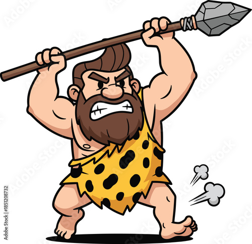 Cartoon caveman warrior with spear, angry expression, animal skin tunic, prehistoric battle stance, muscular character, flat vector illustration