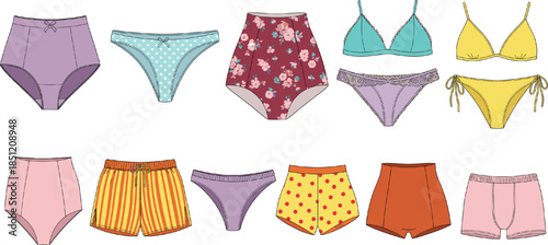 Large collection of modern swimwear and underwear icons featuring bikinis high waisted briefs swim trunks and floral patterns for summer fashion retail and apparel design