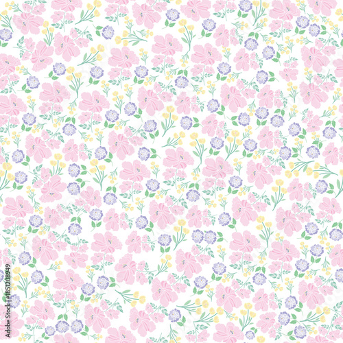 coquette seamless pastel flowers pattern. Delicate petals and vibrant blossoms create an artistic and vintage botanical illustration. Perfect for wallpaper, fabric, wrapping paper and more.