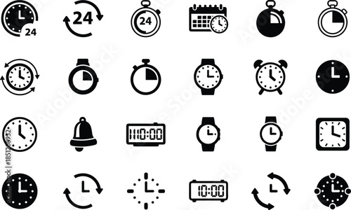 Time and clock icon set with watch, stopwatch, calendar and 24 hours symbols, cad drawing flat vector illustration for schedule, deadline and management