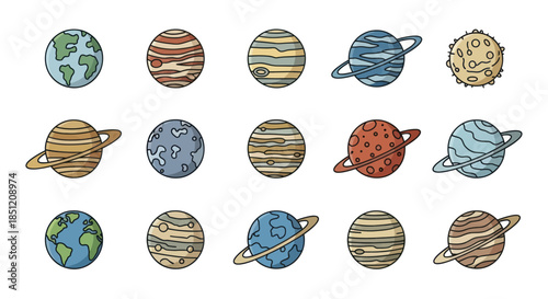 Colorful cartoon planets with rings and surfaces isolated on white