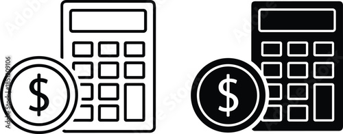 Financial calculator with dollar coin icon set in outline and glyph style, cad drawing flat vector illustration for accounting, banking and math budget