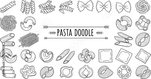 Hand Drawn Italian Pasta Doodle Icon Set Featuring Penne Fusilli Farfalle Spaghetti Ravioli Macaroni and Traditional Noodle Shapes for Restaurant Menu Design