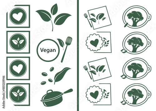 Green vegan and vegetarian food icons with heart and leaf motifs healthy eating plant based