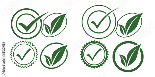 Green Check Mark and Leaf Icons in Circles and Starbursts for Quality Assurance and Eco Friendly tick