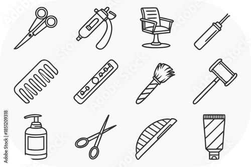 Hairdressing and Salon Tools Line Art Icons Set barber scissors