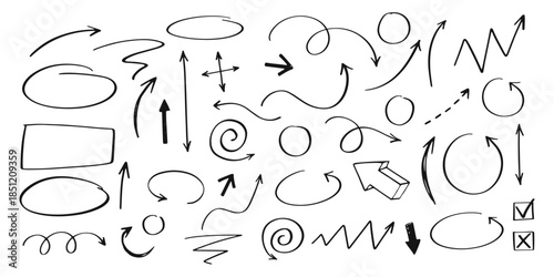 Collection of various hand drawn arrows and symbols for design and illustration
