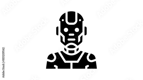 Stylized robot icon representing artificial intelligence and futuristic technology in monochrome.