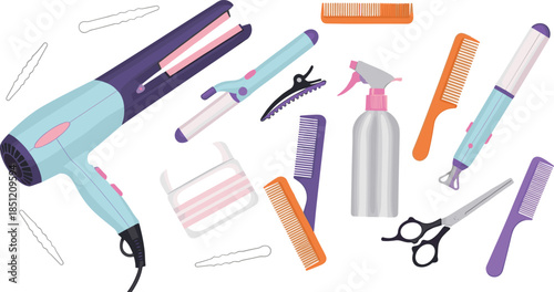 Professional hair salon styling tools set featuring blow dryer flat iron curling wand scissors spray bottle and combs for beauty parlor and hairdressing design