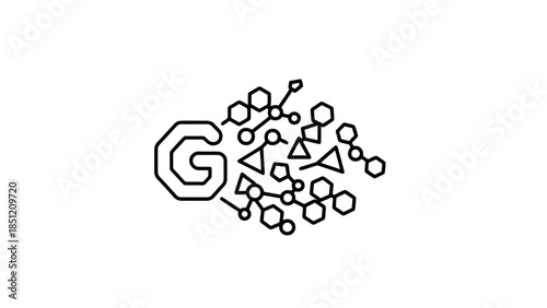 Abstract letter g formed by interconnected molecular geometric shapes and lines, clean outline
