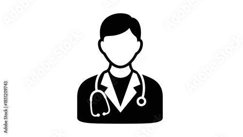 Isolated black silhouette icon of a male doctor wearing a stethoscope, clear depiction.
