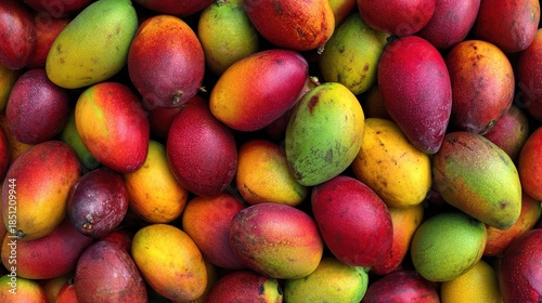 A vibrant and colorful abundance of fresh tropical mangoes in various stages of ripeness