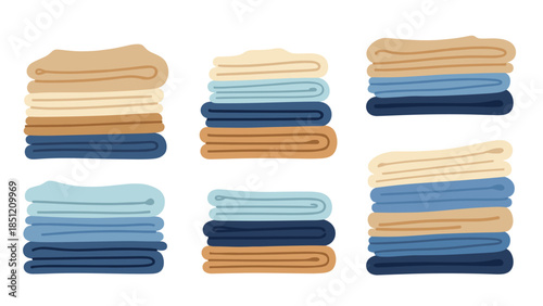 Group of six neatly folded piles of clean laundry or soft textiles in various warm and cool tones, presented against a stark white background.