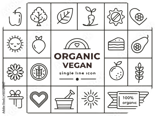 Organic vegan single line icons of fruits vegetables and celebration elements food