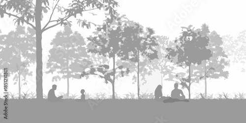Silhouetted figures relaxing amongst trees in a serene open landscape