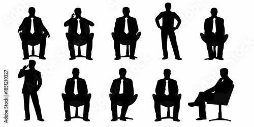 Silhouettes of businessmen in various poses and seated on chairs