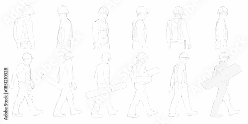 Line art illustration of people in various walking poses and attire
