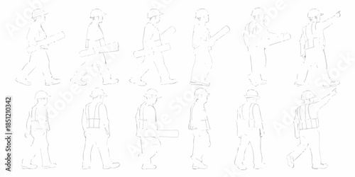 Line art illustration of construction workers in various walking and directing poses