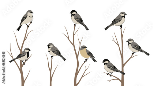 Multiple small, gray and white birds perched on bare tree branches, suggesting a serene winter or early spring scene on white.