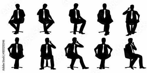 Silhouettes of businessmen in suits talking on phones and seated in chairs