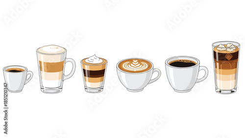 Assortment of six popular coffee beverages including espresso, latte, cappuccino, and iced coffee, served in various cups and glasses.