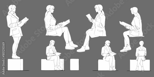 Minimalist line art depicting people reading or holding documents seated and standing