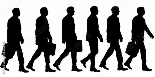 Silhouette of six businessmen walking in a row carrying briefcases