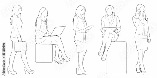 Line art depictions of women in business attire various poses and activities