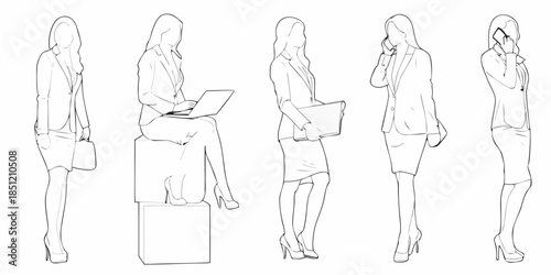 Elegant women in business attire depicted in various poses and outfits