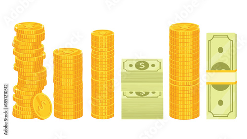 Various stacks of shiny golden coins and bundles of US dollar banknotes, visually representing concepts of finance, wealth, and economy.