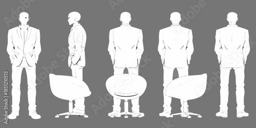 Five faceless figures in suits and a chair on a gray background