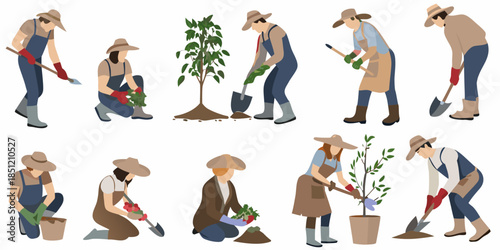 A collection of gardeners planting and tending to various plants and trees