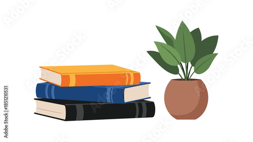 Neatly stacked pile of colorful books alongside a vibrant potted green plant, symbolizing learning, knowledge, and home decor.