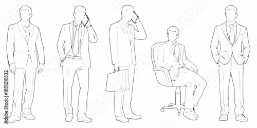 Line art illustration of businessmen in suits various poses minimalist style