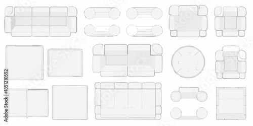 Overhead view of various modern furniture pieces including sofas and chairs
