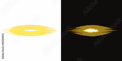 A split view of a glowing yellow shape resembling an eye contrasted on white and black