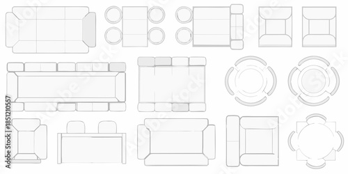 Top view schematic of various furniture pieces including sofas chairs and tables