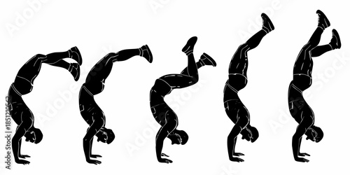 Sequence of a person performing a handstand and backbend progression
