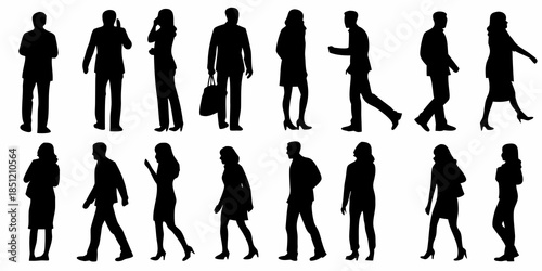 Silhouettes of business people in various poses and walking stances