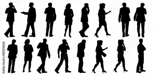 Silhouettes of diverse people in business attire showcasing various poses and actions