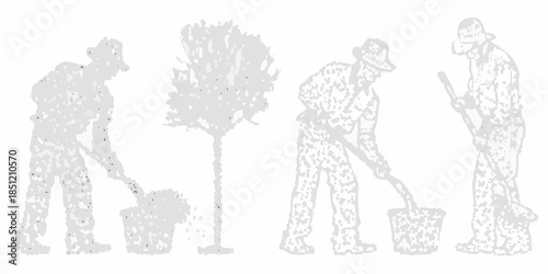 Silhouetted figures of gardeners working with tools amongst a small tree