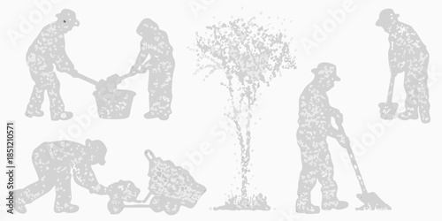 Silhouettes of people gardening and caring for a small tree outdoors