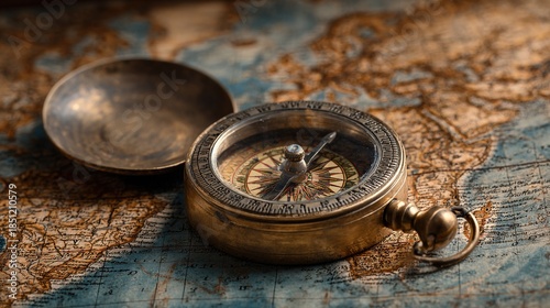 An antique brass compass rests on a faded vintage world map, symbolizing travel and adventure