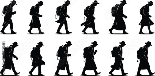 Black silhouette set of a man in a trench coat and hat walking with a backpack, mysterious traveler character animation frames