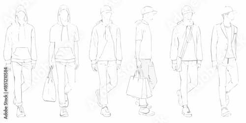 Fashion sketches of men in casual streetwear presenting different poses and styles