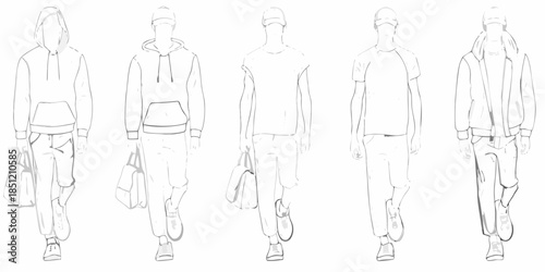 Line art illustration of five people wearing casual hooded and t shirt outfits