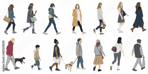 Diverse group of people walking depicted in a minimalist flat illustration style