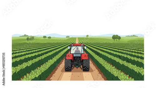 Red agricultural tractor navigating through rows of vibrant green crops in a vast, fertile field under a clear sky.
