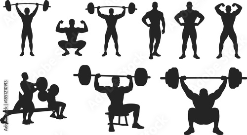 Bodybuilder Silhouette Set Lifting Weights and Bench Press for Gym Fitness Training Workout Sport Exercise Powerlifting Isolated on White Background Illustration